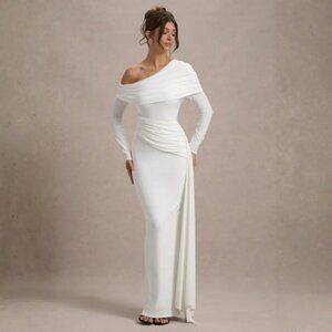 White Ruched Asymmetric Maxi Dress With Drape